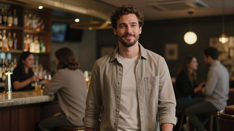 Mann reagiert gelassen auf Ablehnung, lächelt freundlich, geht selbstbewusst weiter, Bar-Atmosphäre