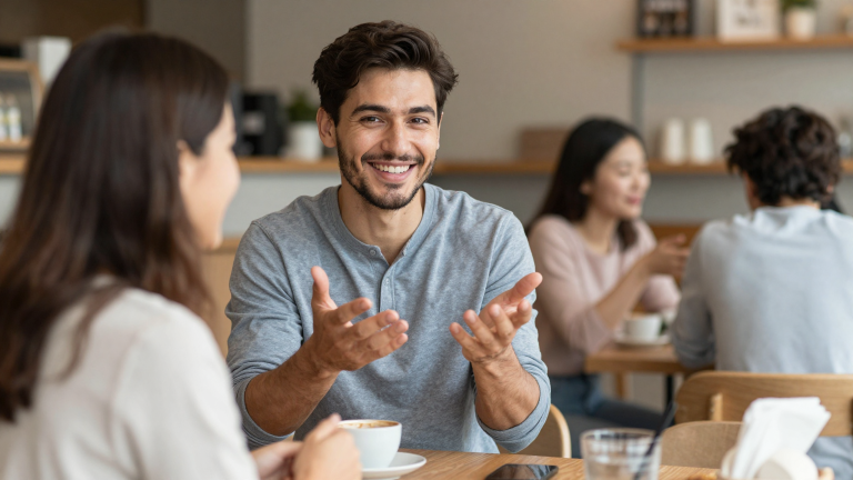 Selbstbewusster Mann spricht lächelnde Frau in Café an, positive Körpersprache beider, natürliche Atmosphäre