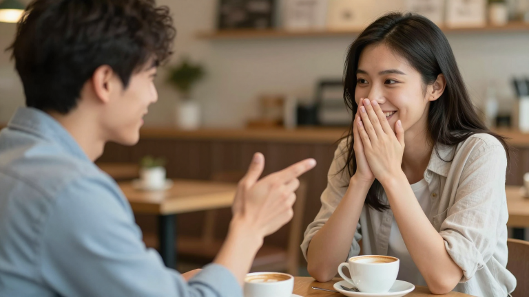 Mann macht Frau aufrichtiges Kompliment, sie lächelt geschmeichelt, authentische Interaktion, Café-Setting