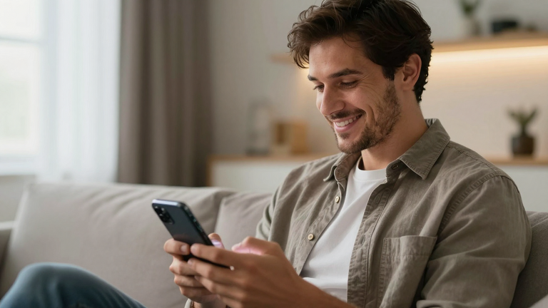Selbstbewusster Mann überarbeitet sein Dating-Profil auf Smartphone, satisfied smile, modern setting