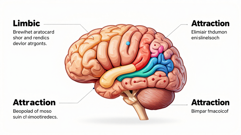 Infografik zeigt Gehirn mit markierten Bereichen für Anziehung und Emotionen, wissenschaftliche Darstellung