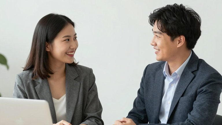 Zwei Menschen beim ersten Treffen, positive Körpersprache, Lächeln, Augenkontakt, professionelles Setting