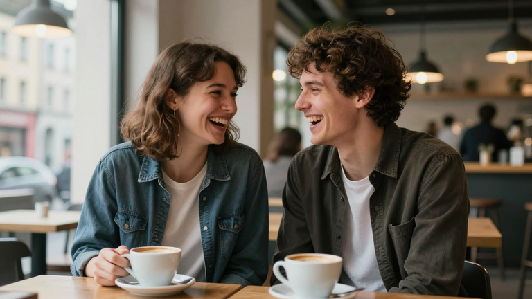 Junges Paar lacht zusammen in Berliner Café, moderne urbane Atmosphäre, authentische Freude
