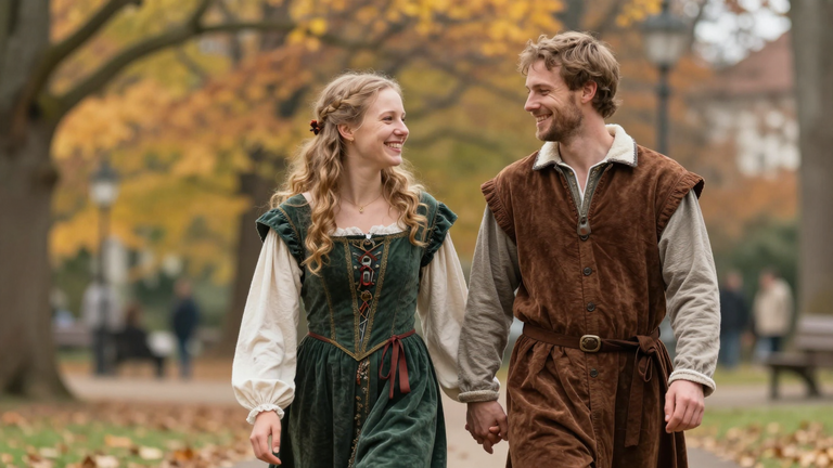 Glückliches Paar mittleren Alters beim Spaziergang, München Stadtpark, authentische Atmosphäre