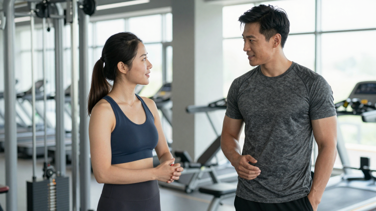 Selbstbewusster Mann unterhaelt sich mit Frau im Fitness-Studio, natural atmosphere, respectful interaction