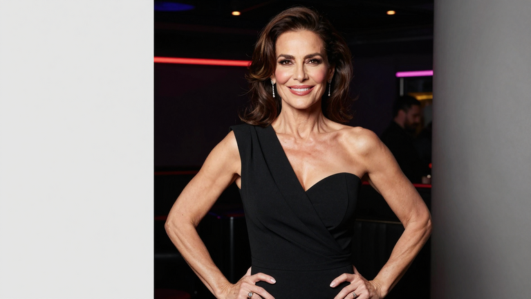 Selbstbewusste reife Frau um die 40 mit verführerischem Lächeln, elegantes schwarzes Kleid, dunkler Club-Hintergrund