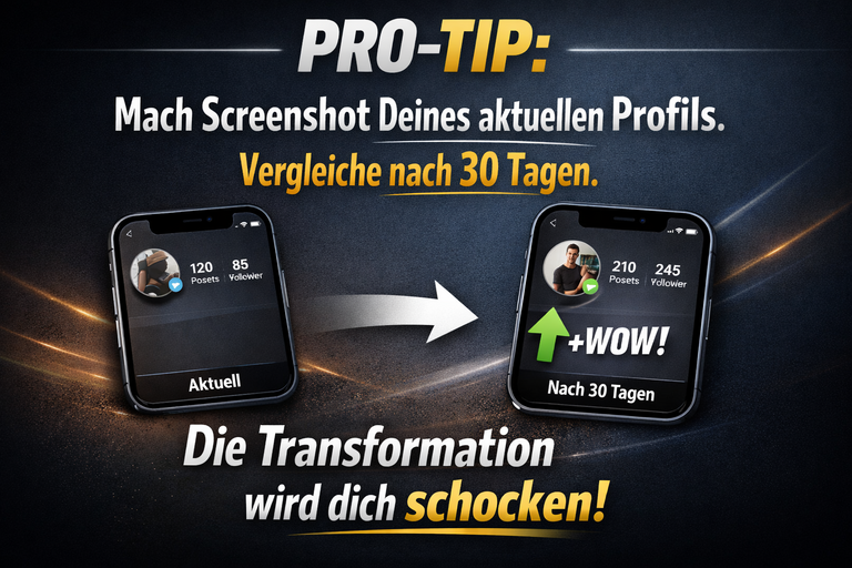 Pro-Tip: Mach Screenshot-Deines aktuellen Profils. Vergleiche nach 30 Tagen. Die Transformation wird dich schocken!