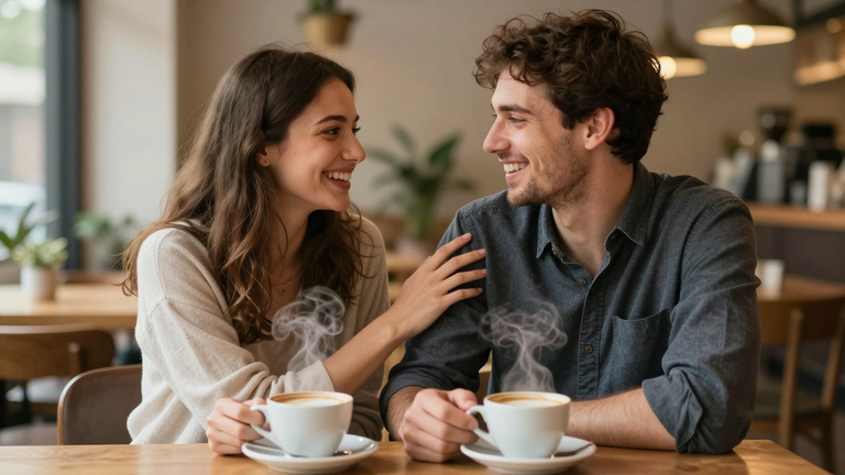 Ein glückliches Paar auf einem Date, lächelnd, authentische Verbindung, entspannte Atmosphäre in einem Café