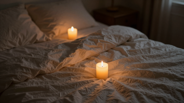 Romantische, intime Atmosphäre, Kerzen, weiche Bettücher, entspanntes Ambiente