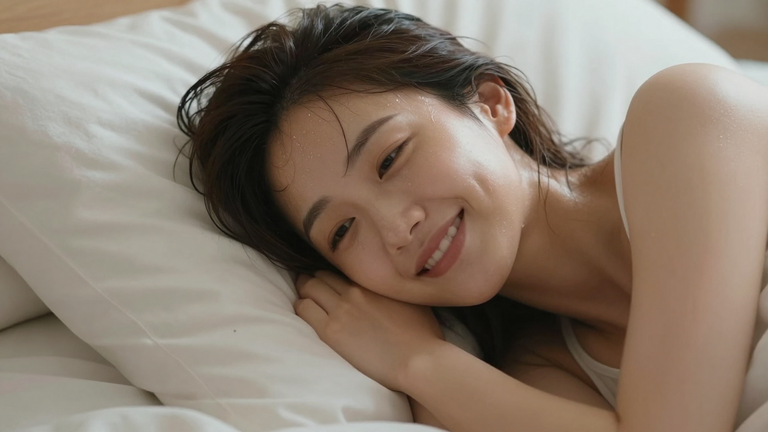 Frau im Bett, entspannt, glücklich, nach dem Orgasmus verschwitzt, Lächeln des Glücks