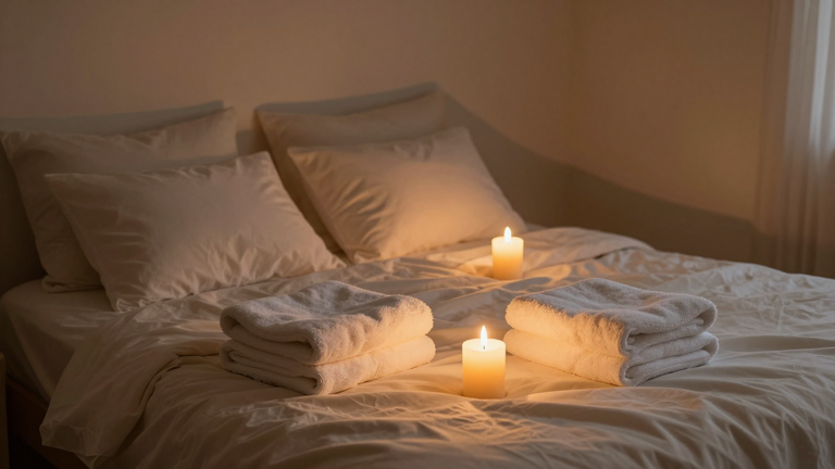 Romantisches Schlafzimmer-Setup mit Kerzen, Handtüchern auf dem Bett bereitliegend, intime und entspannte Atmosphäre