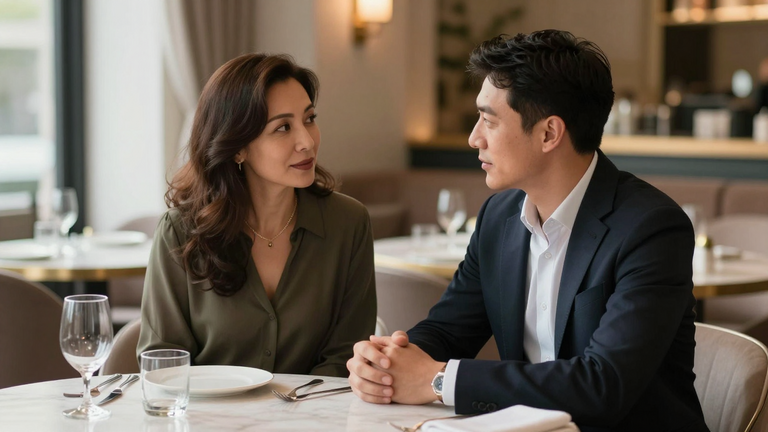 Selbstbewusster Mann unterhält sich mit reifer Frau in elegantem Ambiente, atmosphere of connection