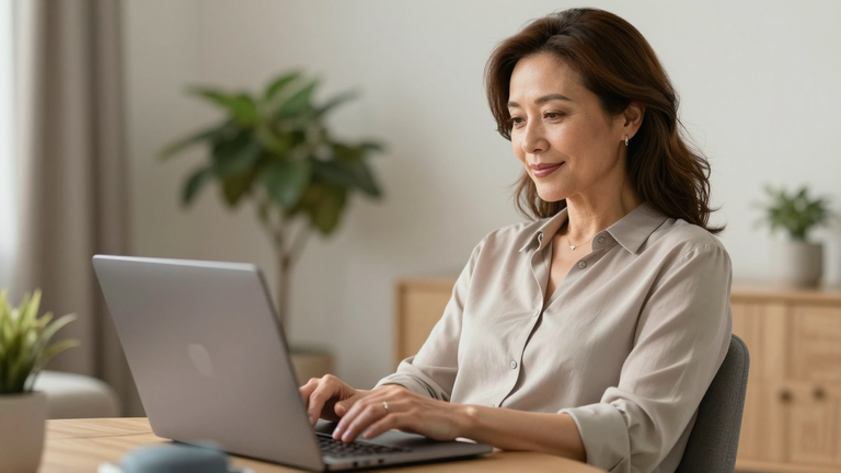 Reife, elegante Frau am Laptop sitzend, entspannt und selbstbewusst, online chatting