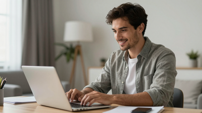 Selbstbewusster Mann am Laptop, schreibt Nachricht, entspannt und intelligent wirkend