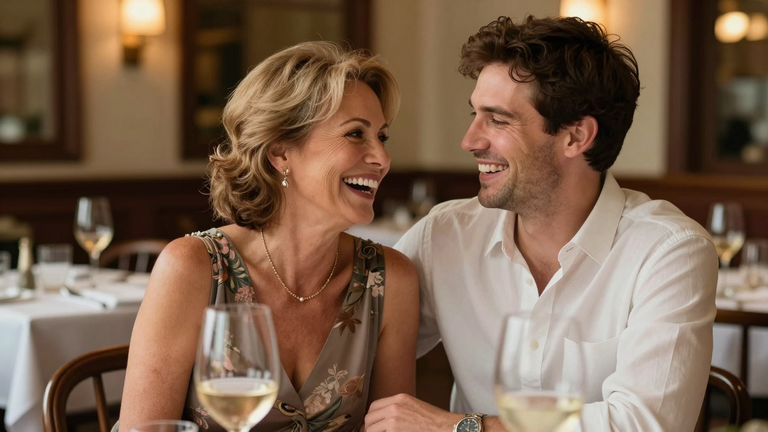 Glückliches Paar, reife Frau und jüngerer Mann, lachend im Restaurant, harmonisch und entspannt