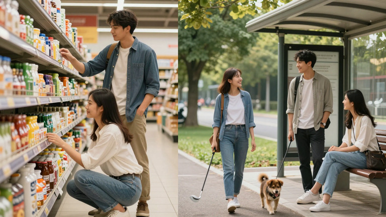 Collage verschiedener Alltagssituationen: Supermarkt, Park, Straße, Männer sprechen Frauen locker an, natürliche Posen, Tageslicht, realistischer Stil