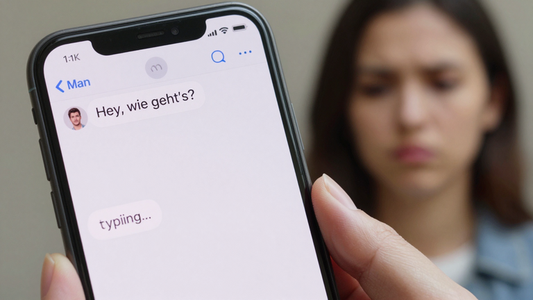 Mann schreibt eine langweilige Nachricht 'Hey wie geht's' auf Tinder, Frau schaut gelangweilt auf ihr Handy und löscht die Nachricht, realistische Darstellung