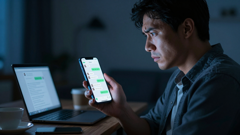 Mann starrt auf sein Smartphone, Tinder Chat mit vielen ungelesenen Nachrichten, frustrierter Gesichtsausdruck, realistische Darstellung