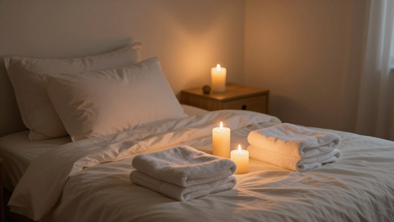 Romantisches Schlafzimmer-Setup mit Kerzen, Handtüchern auf dem Bett bereitliegend, intime und entspannte Atmosphäre