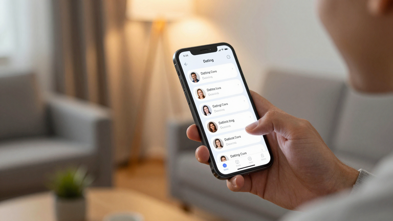 Mann nutzt Dating-App auf Smartphone, mehrere Match-Benachrichtigungen sichtbar, modernes Apartment