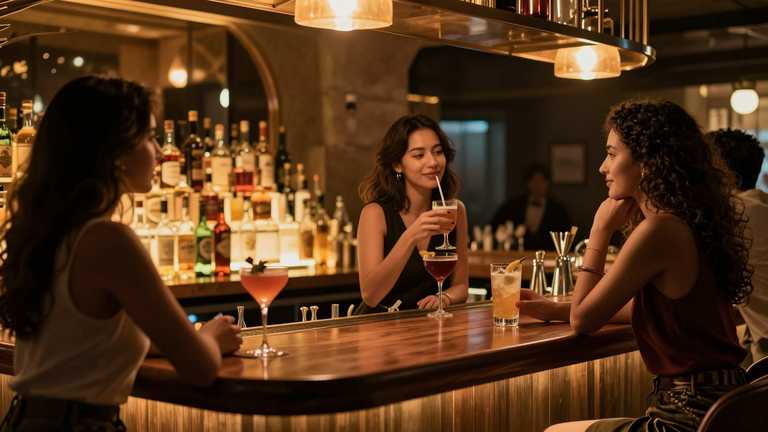 Moderne Cocktail-Bar mit stimmungsvoller Beleuchtung, attraktive Frauen an der Bar, urbanes Ambiente