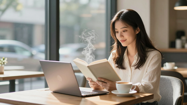 Modernes Café mit großen Fenstern, attraktive Frau liest Buch am Tisch, Laptop daneben, entspannte Atmosphäre