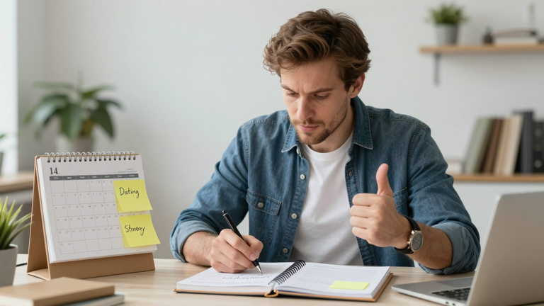 Erfolgreicher Mann mit Kalender und Notizen, plant Dating-Strategie, motivierte Körpersprache